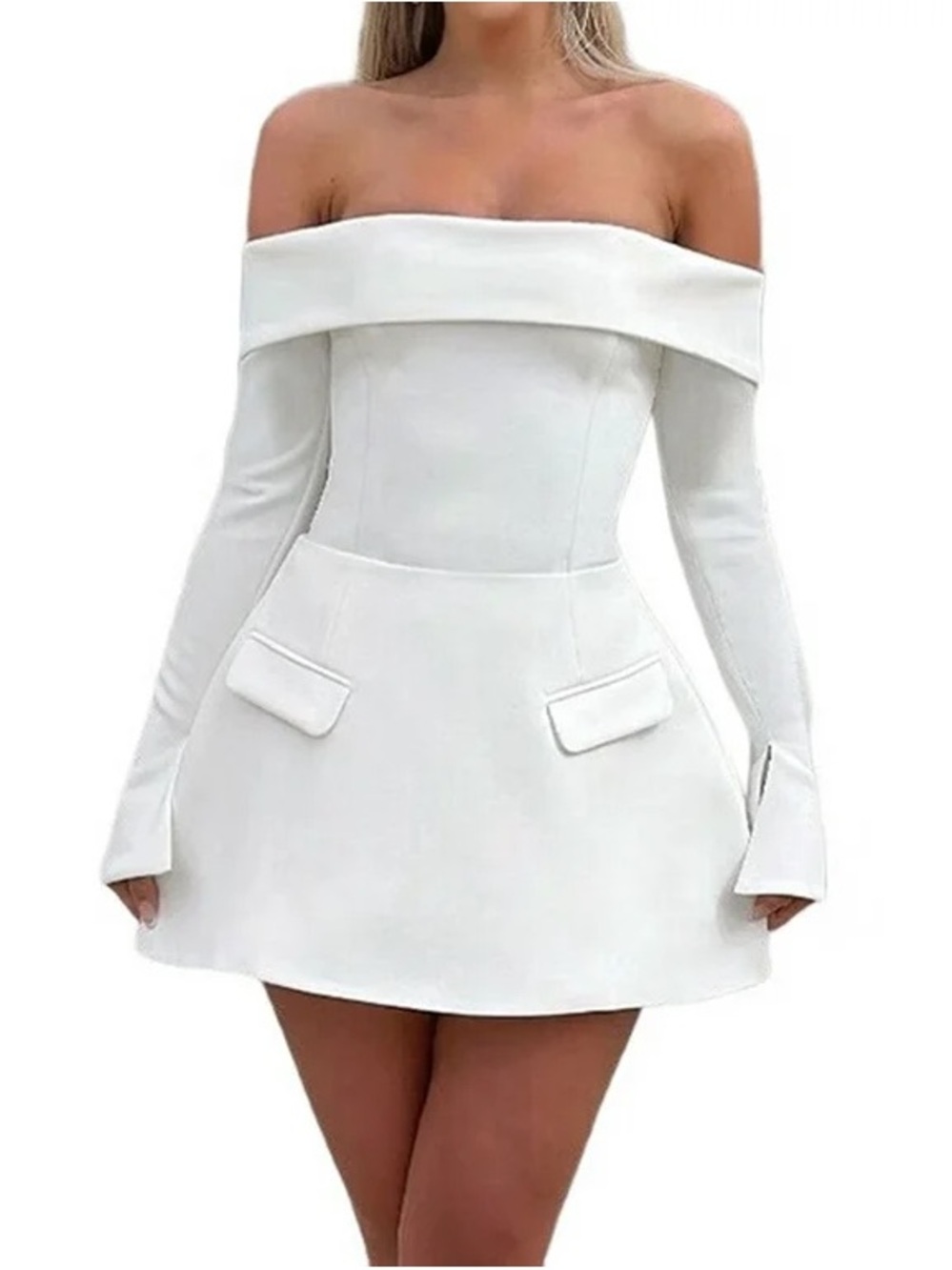 White Off Shoulder tailored Long Sleeve Mini Dress bridal coquette grad Dress S - Picture 3 of 13